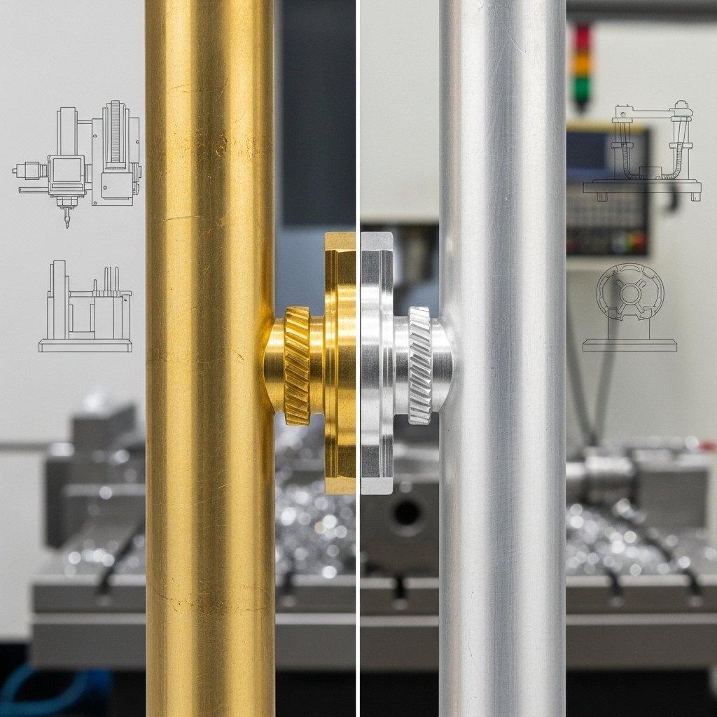 Split image comparing gleaming raw brass and aluminum rods, featuring perfectly machined, intricate small parts from each material blended in the center. This symbolizes material selection for CNC machining and precision fabrication. Blurred CNC machine shop background.