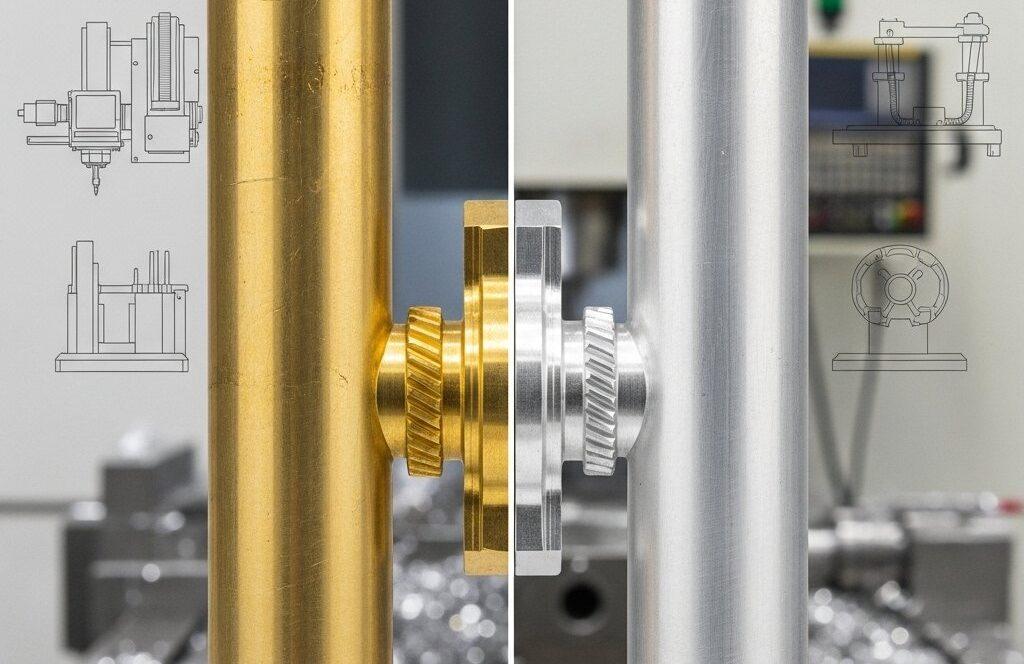 Brass vs. Aluminum: The True CNC machining Cost 1 Split image comparing gleaming raw brass and aluminum rods featuring perfectly machined intricate small parts from each material blended in the 1 1 e1761633212782