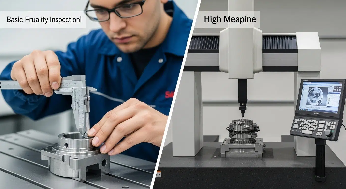 Temel ve gelişmiş kalite kontrolü karşılaştıran bölünmüş görüntü. Bir uzman teknisyen, işlenmiş bir parça üzerinde manuel kaliper kontrolü yapıyor ve karşılaştırıyor