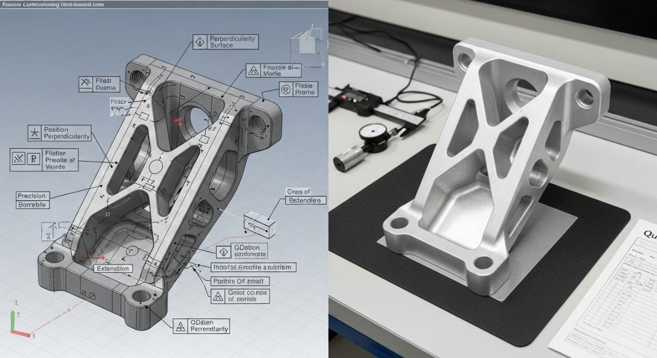 Split image: one side displays a detailed CAD rendering of a complex aerospace structural bracket with GD&T callouts, while the other shows the actual machined 6061 aluminum bracket undergoing quality inspection in a lab.
