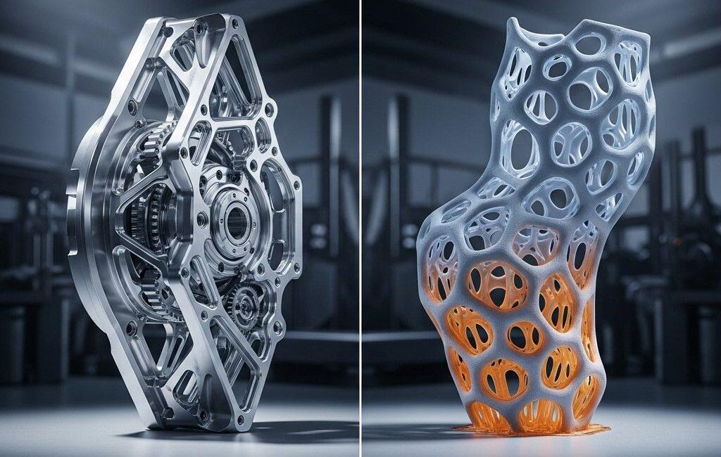 Geteiltes Bild, das fortschrittliche Fertigungstechnologien zeigt: ein hochpräzises CNC-gefertigtes Metallteil auf der einen Seite und ein komplexer 3D-gedruckter organischer 1 1 e1761122321177