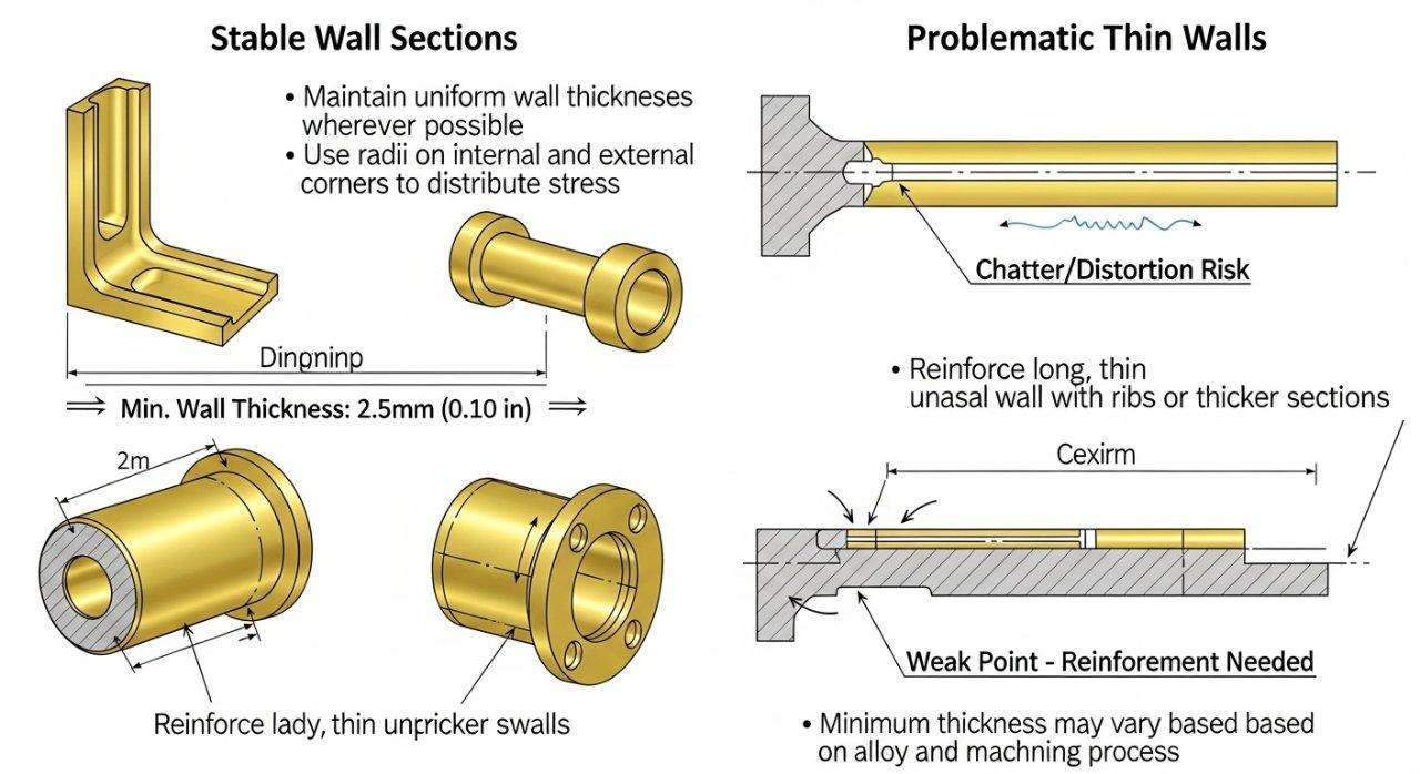 Diagrama técnico que ilustra el diseño óptimo del grosor de pared para piezas complejas de latón, comparando secciones reforzadas estables con soportes delgados no soportados
