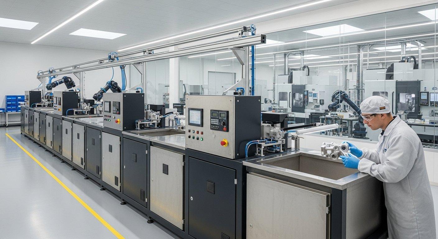 Técnico inspeccionando la línea de anodizado en una fábrica moderna