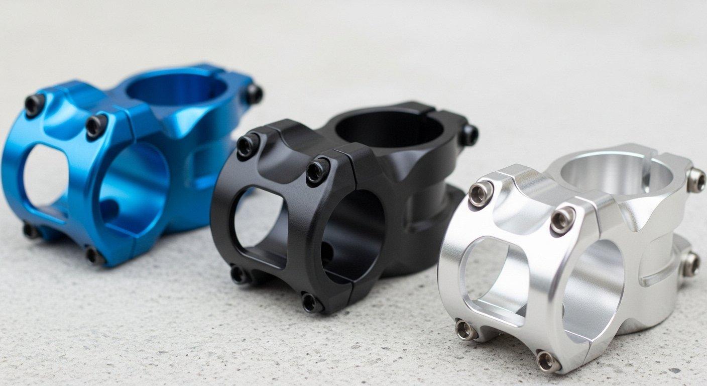 Three identical CNC machined bicycle stems showcasing vibrant blue anodized matte black hard anodized and polished natural aluminum finishes e