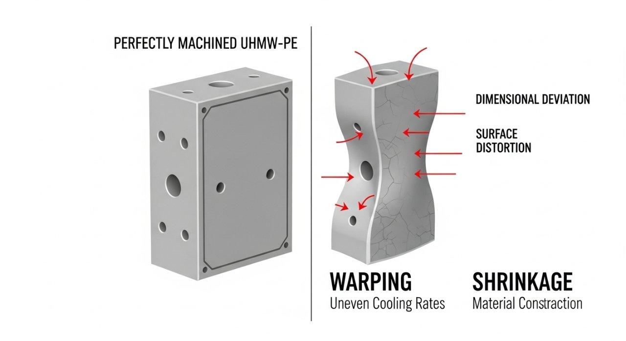 UHMW-PE, plastic warping, shrinkage defects, machining distortion, polymer stability