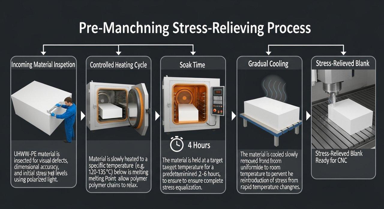 UHMW-PE, stress-relieving process, pre-machining, flowchart, polymer thermal treatment