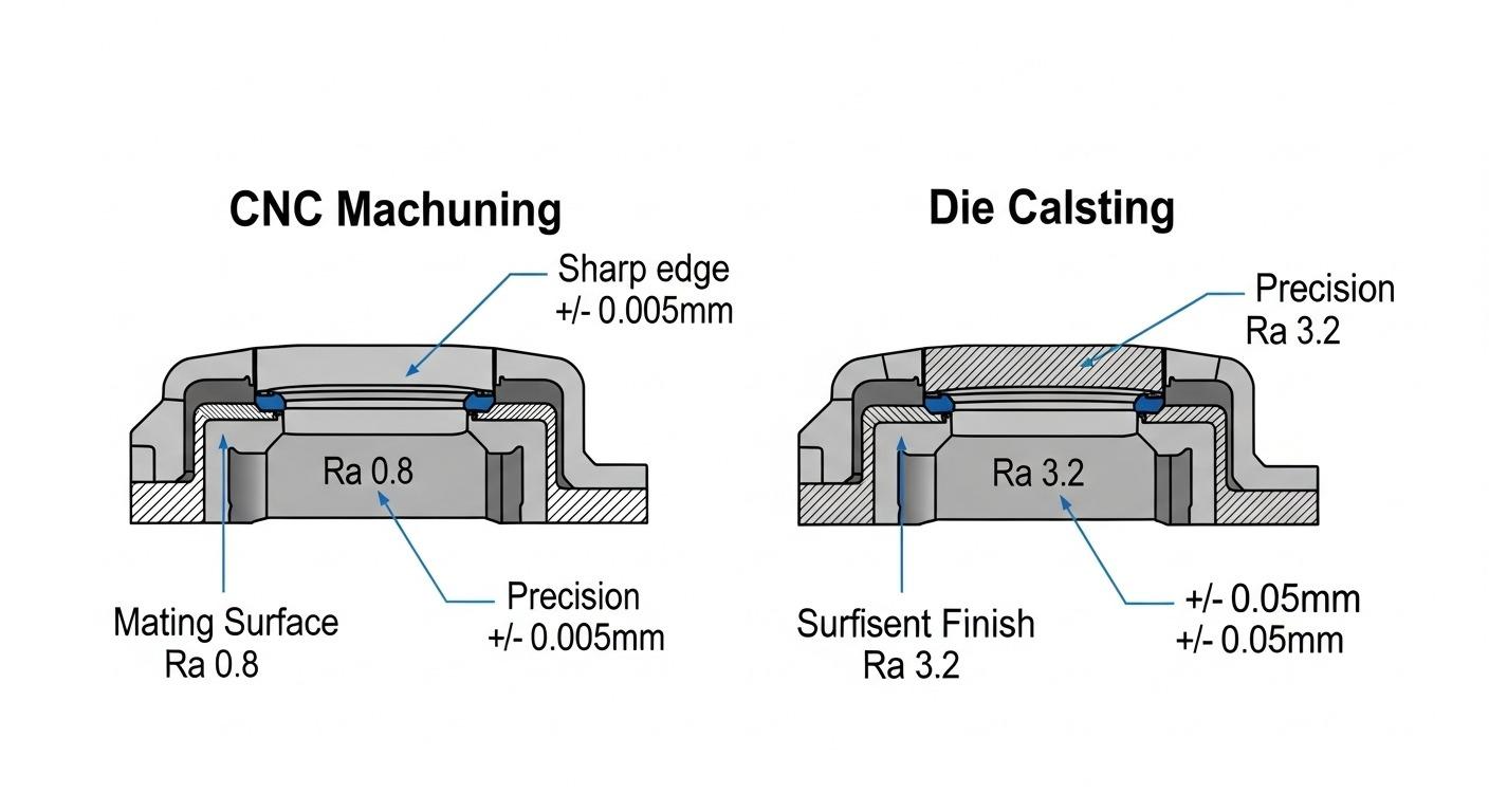 Gráfico vectorial comparando secciones transversales ampliadas de una carcasa de cámara contrastando el mecanizado CNC y la fundición a presión en valores de acabado superficial Ra