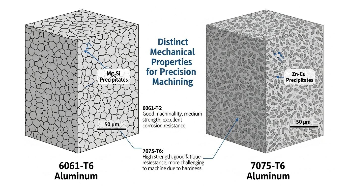 Graphique vectoriel comparant les structures internes des grains des alliages d'aluminium 6061 T6 et 7075 T6, mettant en évidence les différences métallurgiques impactant la mécanique
