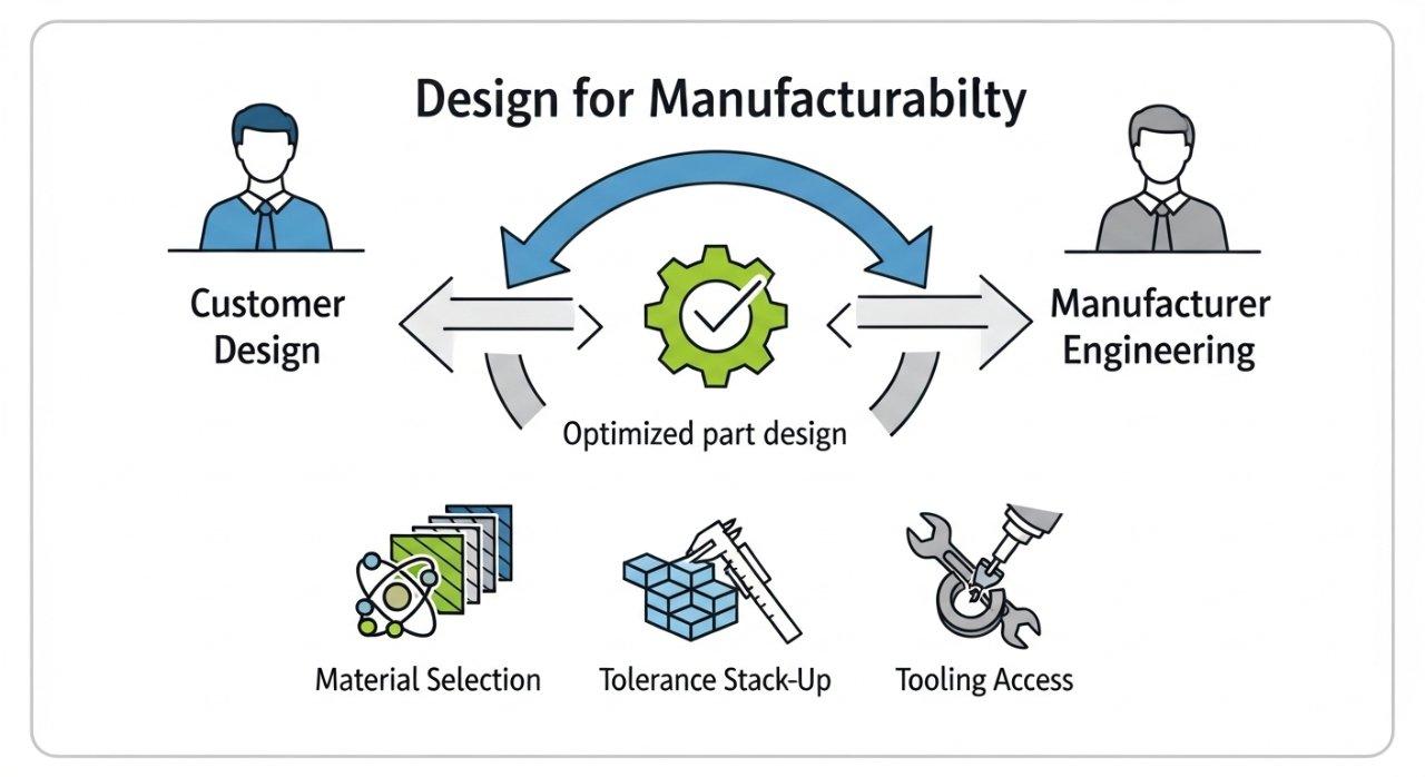 Vector graphic illustrating Design for Manufacturability DFM support featuring a collaborative workflow diagram between customer design and man