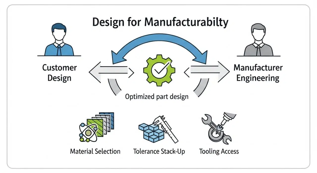 Gráfico vectorial que ilustra el soporte de Diseño para la Fabricabilidad (DFM) con un diagrama de flujo colaborativo entre el diseño del cliente y el equipo de fabricación.