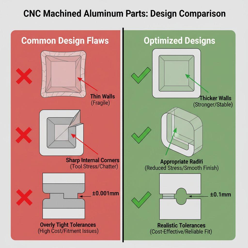Vector graphic illustrating common design flaws in CNC machined aluminum parts compared to optimized solutions. Examples include thin walls vs. th