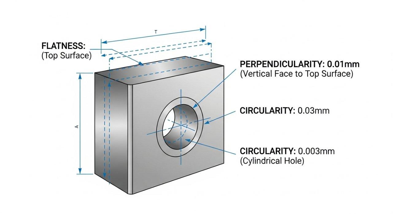 Vector graphic illustrating key geometric tolerances like flatness, perpendicularity, and circularity on a generic machined part. The diagram features clear lines and arrows indicating specific tolerance zones, along with callouts for typical tolerance ranges achievable through CNC machining processes.