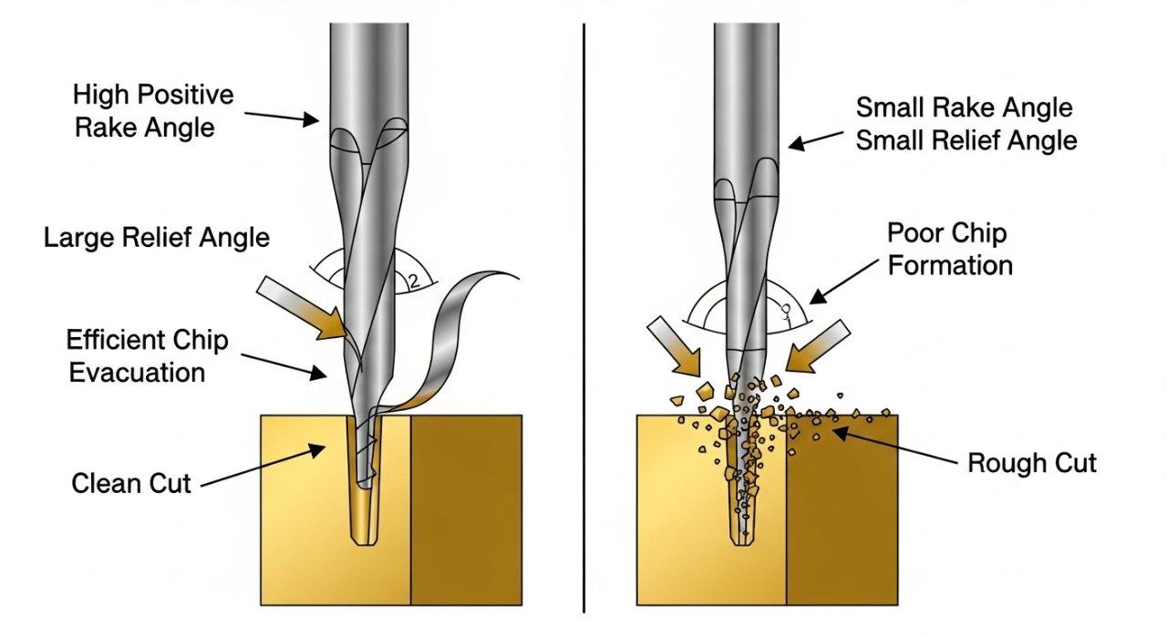 Gráfico vectorial que ilustra geometrías de herramientas optimizadas para el mecanizado de latón, comparando los beneficios de un ángulo de ataque positivo alto y un gran ángulo de alivio. Las etiquetas y flechas demuestran cómo estas características conducen a cortes más limpios y una evacuación de virutas más eficiente en comparación con herramientas de corte menos optimizadas.