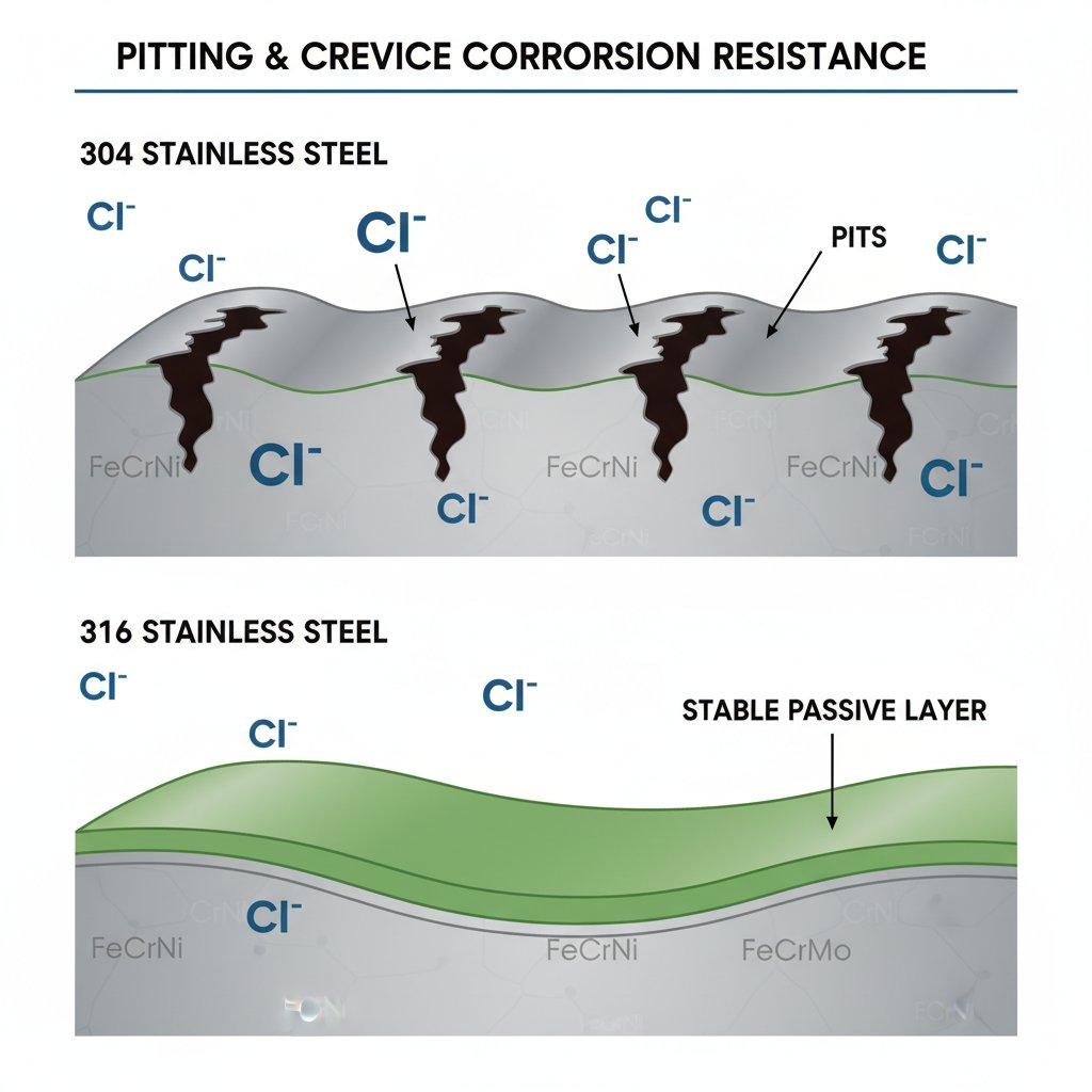 Vector graphic illustrating pitting and crevice corrosion comparing microscopic views of 304 and 316 stainless steel surfaces exposed to chloride