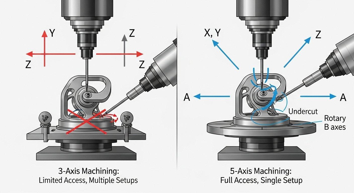 İleri seviye 5 eksenli CNC işleme yeteneklerini gösteren vektör grafik, karmaşık drone gimbal bileşenlerinin hassas üretimi için