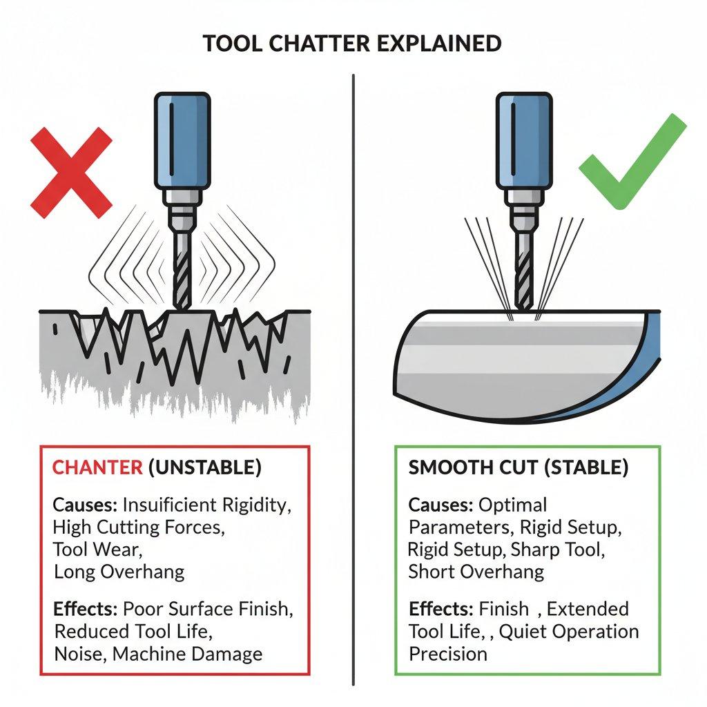 Vector graphic illustrating the concept of tool chatter in machining. The left side shows a vibrating cutting tool creating a rough uneven machin