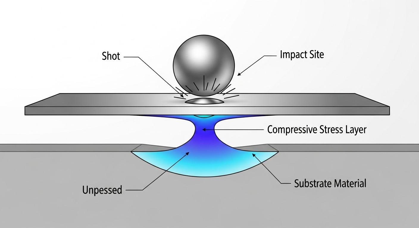 Gráfico vectorial que ilustra el mecanismo de shot peening con proyectiles esféricos impactando una superficie metálica, mostrando la formación de hoyuelos y la propagación