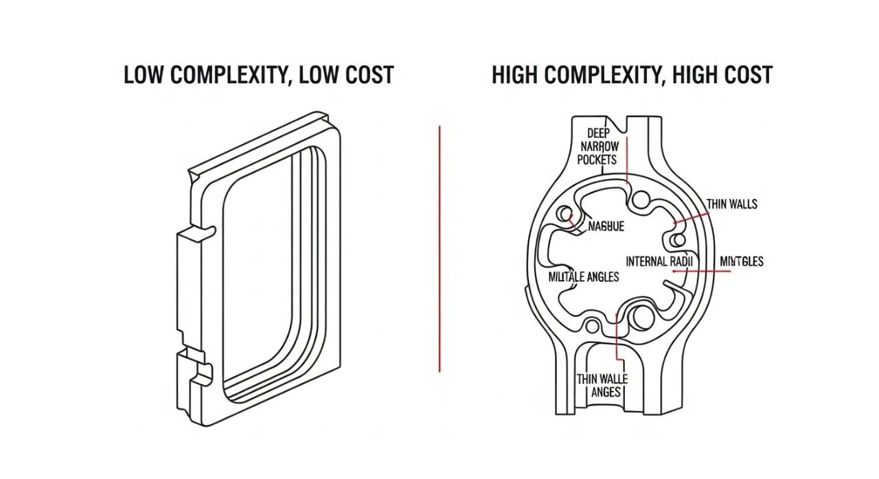Graphique vectoriel illustrant deux géométries de pièces industrielles côte à côte : un composant simple, peu coûteux, avec des lignes droites et des caractéristiques facilement accessibles (étiqueté « Faible complexité, faible coût »), contrasté avec un composant très complexe, coûteux, présentant des poches profondes et étroites, des rayons internes, plusieurs angles et des murs fins (étiqueté « Haute complexité, coût élevé »). Cette comparaison visuelle démontre efficacement l'impact direct de la complexité de conception sur le coût de fabrication et la fabricabilité dans l'ingénierie des produits.