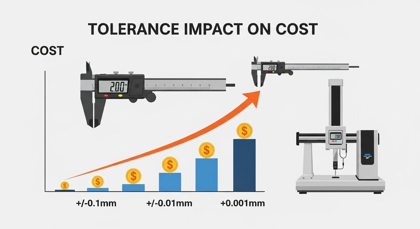 Infografía en gráfico vectorial Impacto de la tolerancia en el costo mostrando un gráfico de barras de costos de fabricación crecientes a medida que disminuyen los rangos de tolerancia de diseño