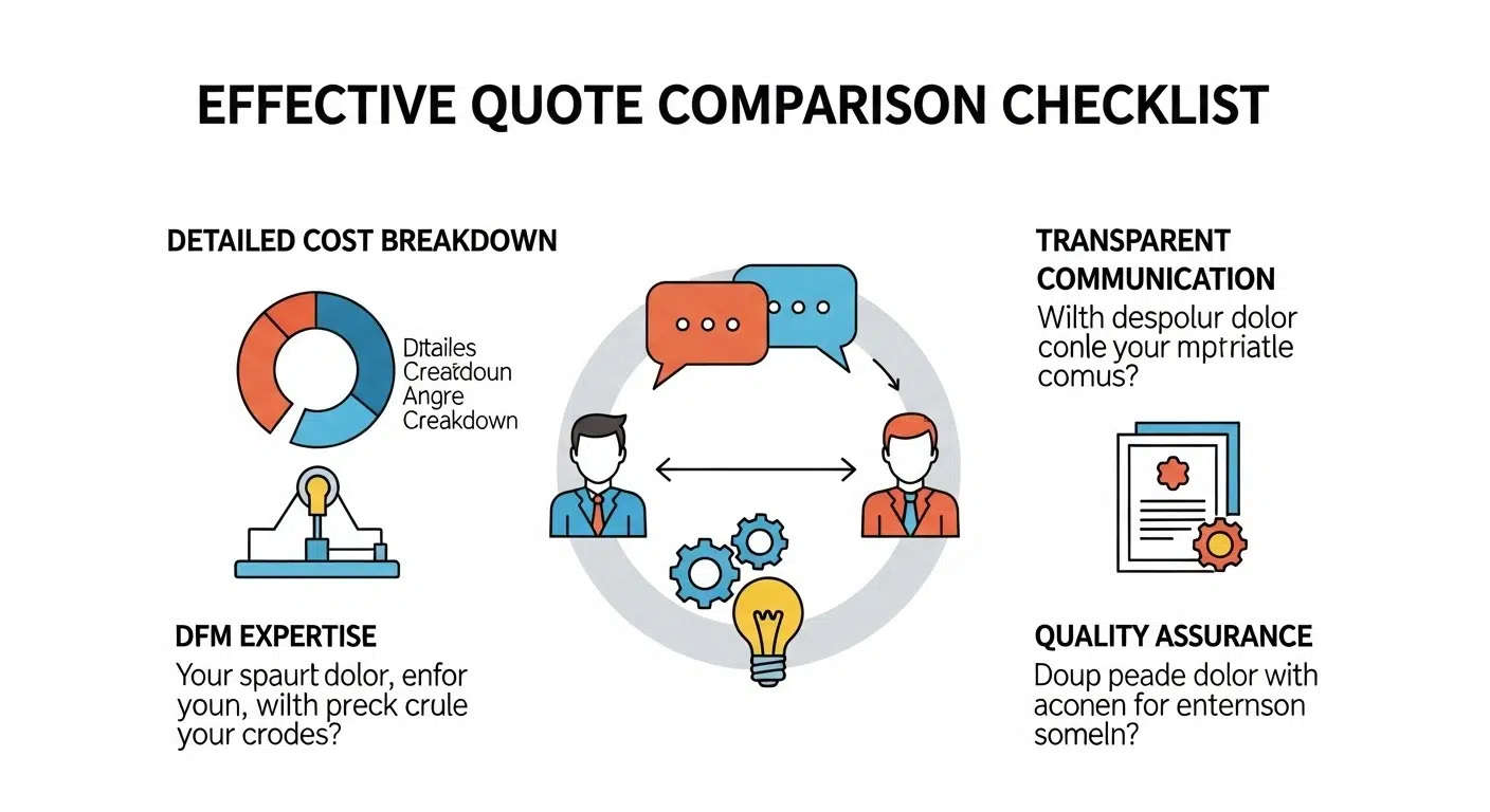 Etkili Teklif Karşılaştırma Kontrol Listesi başlıklı vektör grafik infografiği, üretim tekliflerini değerlendirmek için görsel bir rehber sunar. Özellikleri arasında