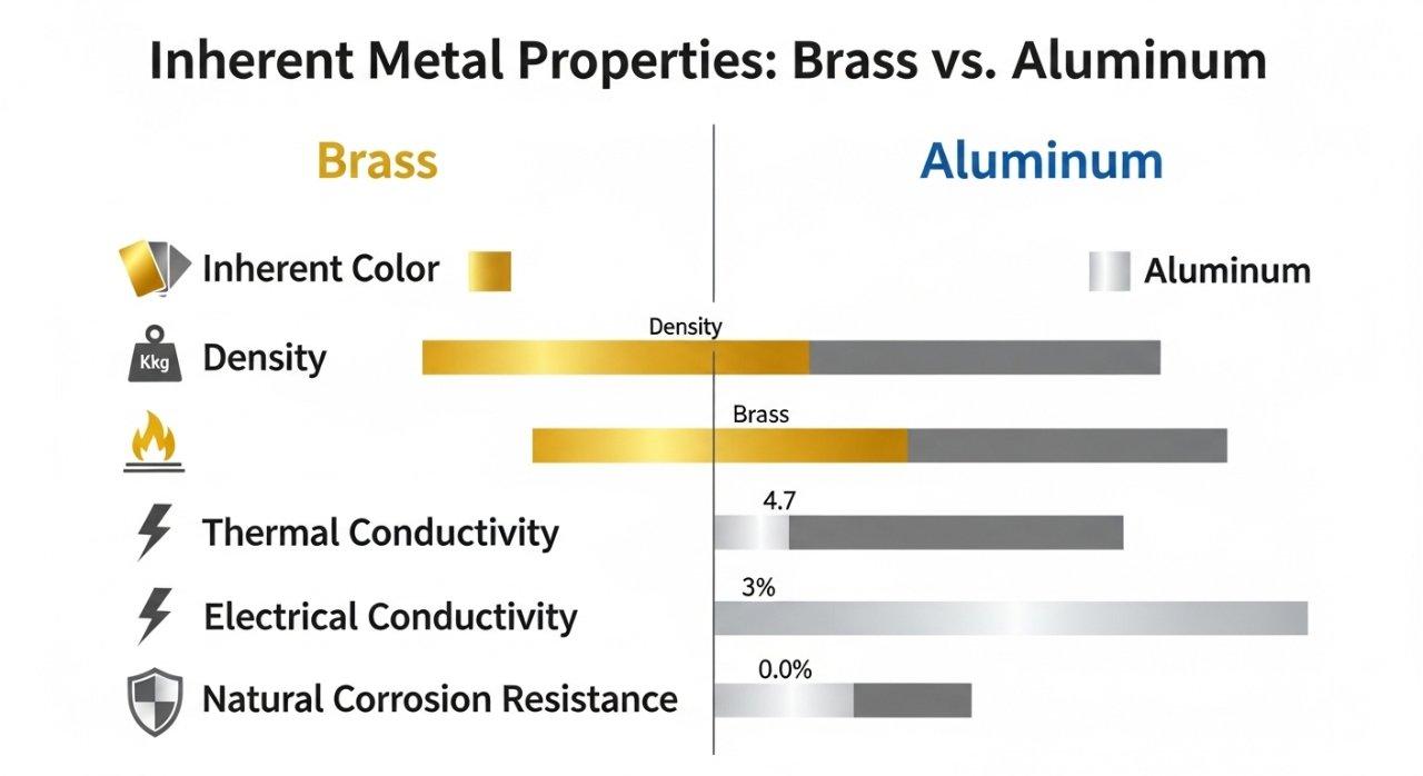Vector graphic infographic visually comparing key inherent properties of Brass vs. Aluminum, including inherent color, density, thermal conductivity, electrical conductivity, and natural corrosion resistance, using side-by-side icons and color-coded bars for clarity.