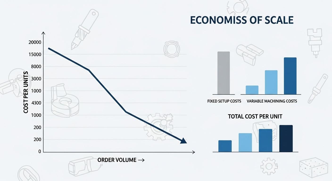 Infografía vectorial que ilustra las economías de escala en el mecanizado CNC. Un gráfico de líneas muestra cómo el costo por unidad disminuye rápidamente a medida que aumenta el volumen de pedido