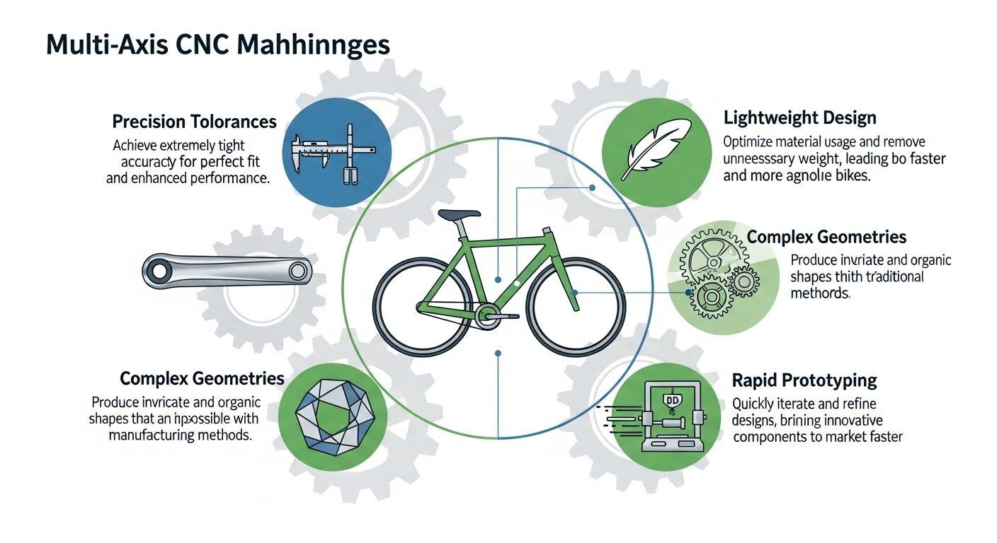 Vector infographic illustrating the benefits of multi axis CNC machining for bicycle parts highlighting precision tolerances lightweight design