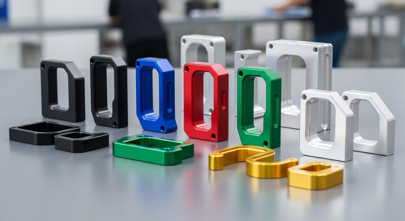 Colección vibrante de componentes de aluminio mecanizados por CNC y anodizados con precisión en una gama de colores y acabados, incluyendo negro mate y brillante