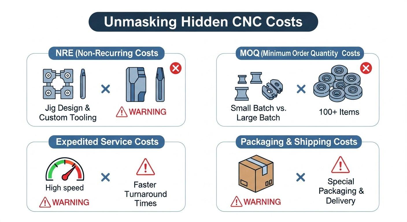 Infografía visualmente atractiva titulada Desenmascarando costos ocultos de CNC que detalla gastos clave de fabricación ocultos. Las secciones incluyen NRE (No recurrente)