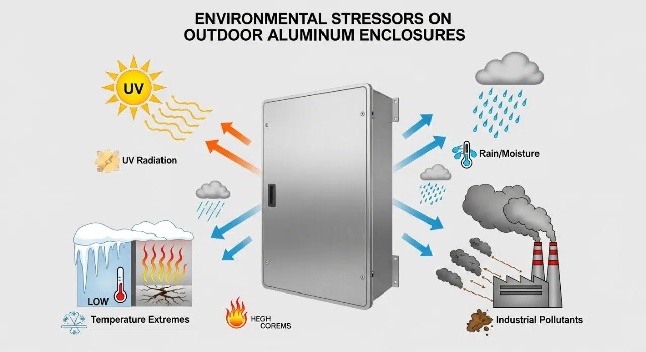 degradación del recinto de aluminio, factores de estrés ambiental, durabilidad del material en exteriores, UV lluvia temperatura contaminación