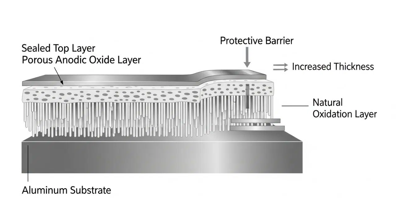 aluminio anodizado, capa de óxido anódico, sustrato de aluminio, diagrama de sección transversal, protección contra la corrosión