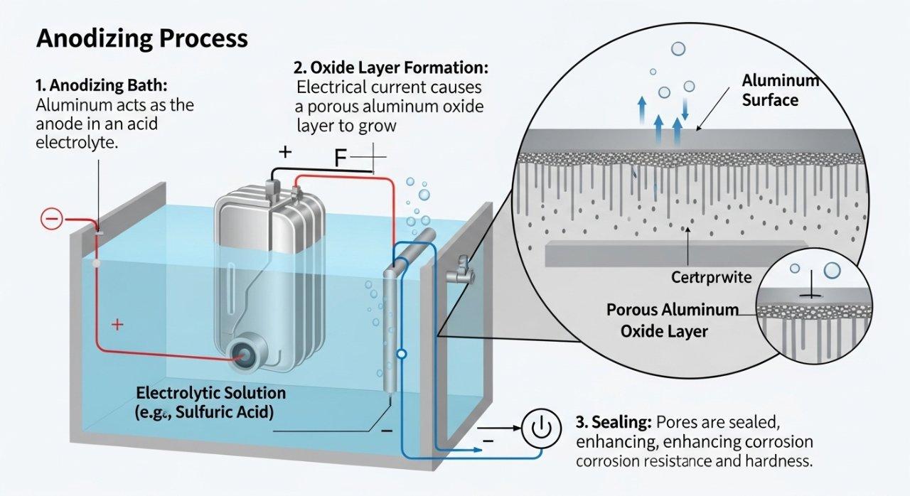 anodizing process, aluminum surface treatment, night vision enclosure, industrial infographic, aluminum oxide layer