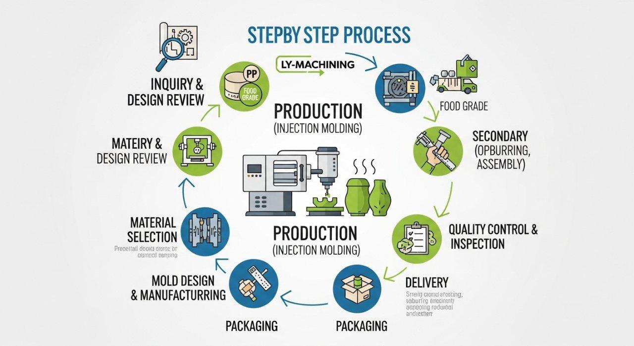 custom food-grade PP parts, ly-machining manufacturing process, plastic fabrication workflow, PP component production
