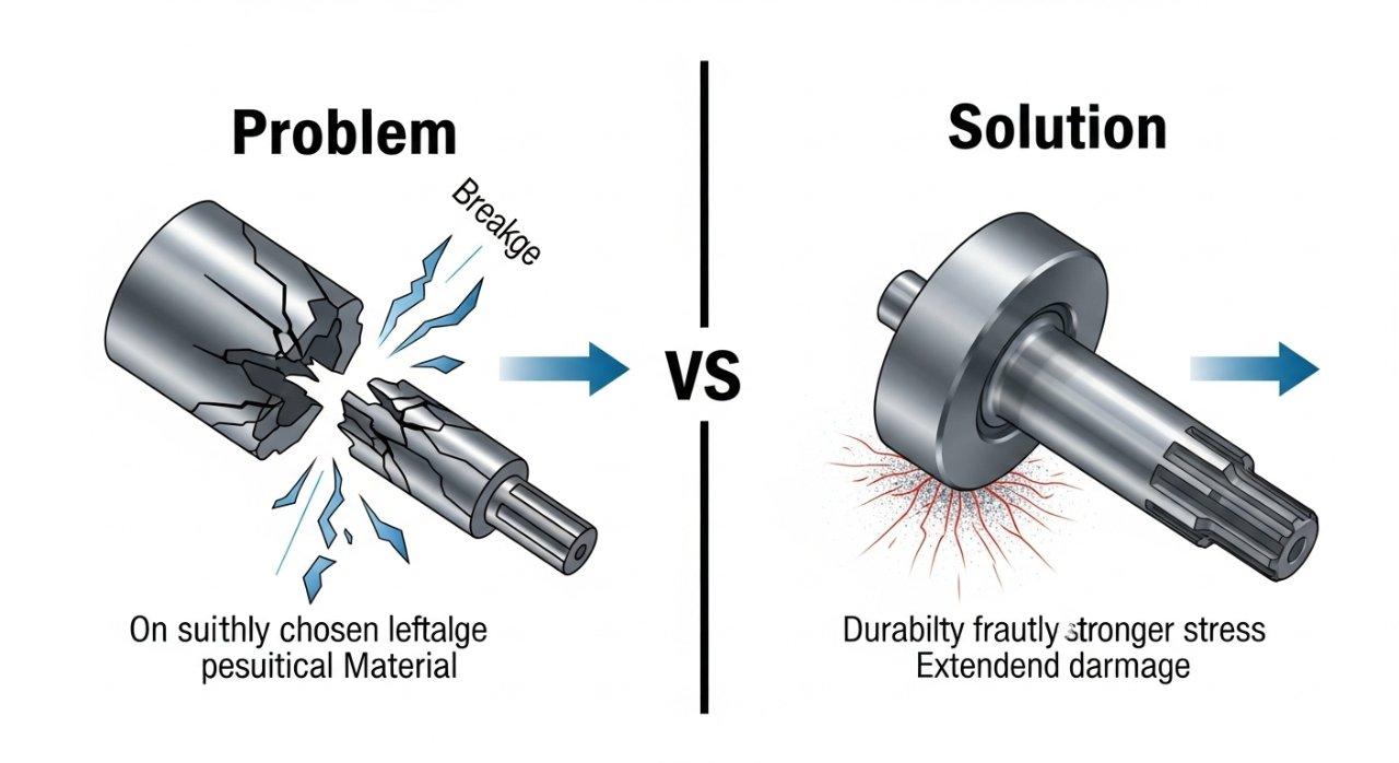 Une infographie illustrant une comparaison côte à côte : d'un côté, un composant mécanique défectueux (par exemple, un arbre fissuré sous stress) en raison d'un matériau inadapté ; de l'autre, le même composant fonctionnant parfaitement après optimisation du choix du matériau. Met en évidence le problème contre la solution pour améliorer la performance et la durabilité des pièces en conception mécanique.