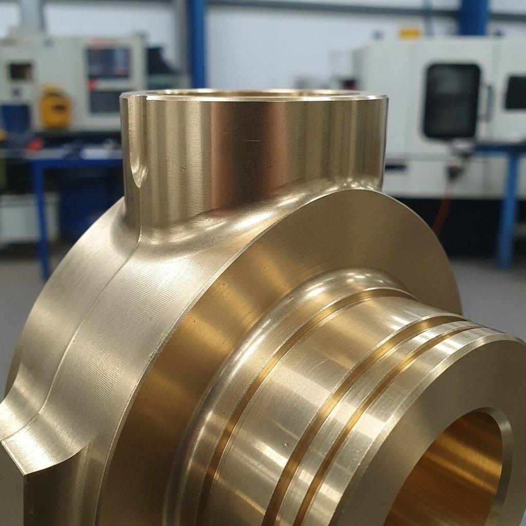 Makroaufnahme eines perfekt fertiggestellten, polierten Messing-CNC-gefrästen Bauteils, das seine glänzende, glatte Oberfläche und gleichmäßige Lichtreflexion zeigt und Präzisionstechnik sowie überlegene Qualität durch fortschrittliche Fertigung betont. Im Hintergrund ist eine unscharfe Industriewerkstatt zu sehen.