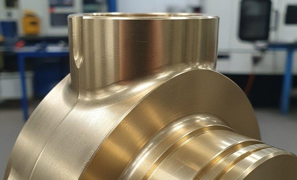 Makroaufnahme eines perfekt fertiggestellten, polierten Messing-CNC-gefrästen Bauteils, das seine glänzende, glatte Oberfläche und gleichmäßige Lichtreflexion zeigt und Präzisionstechnik sowie überlegene Qualität durch fortschrittliche Fertigung betont. Im Hintergrund ist eine unscharfe Industriewerkstatt zu sehen.