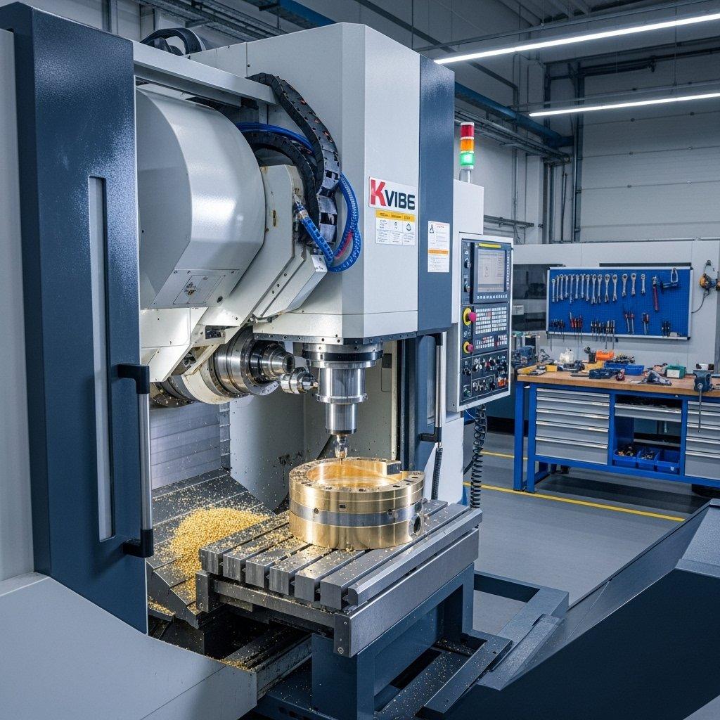 Vista en ángulo alto de una máquina CNC moderna de múltiples ejes cortando meticulosamente una pieza de latón en un taller limpio y organizado. La máquina bien iluminada demuestra precisión, tecnología avanzada y una evacuación eficiente de virutas, encarnando experiencia en capacidades de fabricación avanzada.