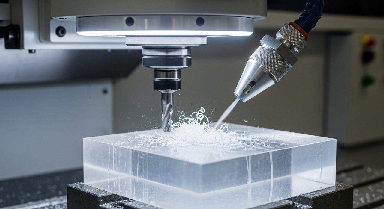 high-precision CNC, PMMA machining, CNC cutting, air blast cooling, chip clearing