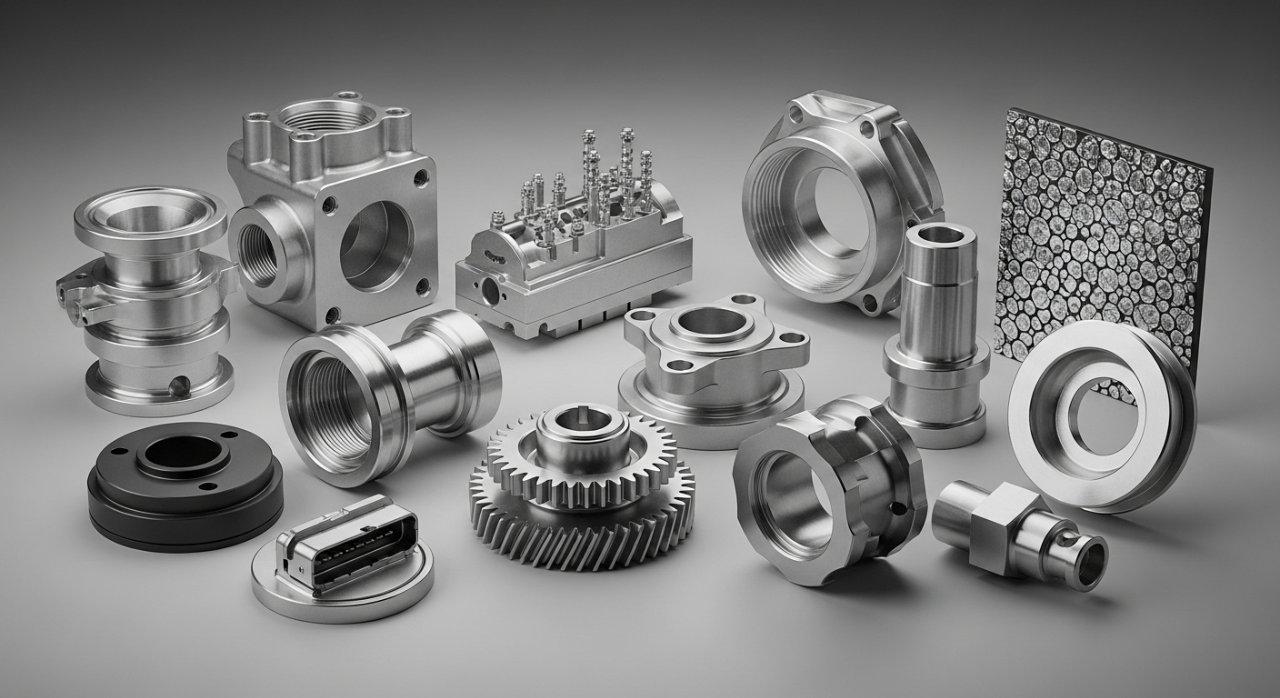 high-precision CNC machining, diverse metal components, polished and matte finishes, industrial manufacturing, custom machined parts