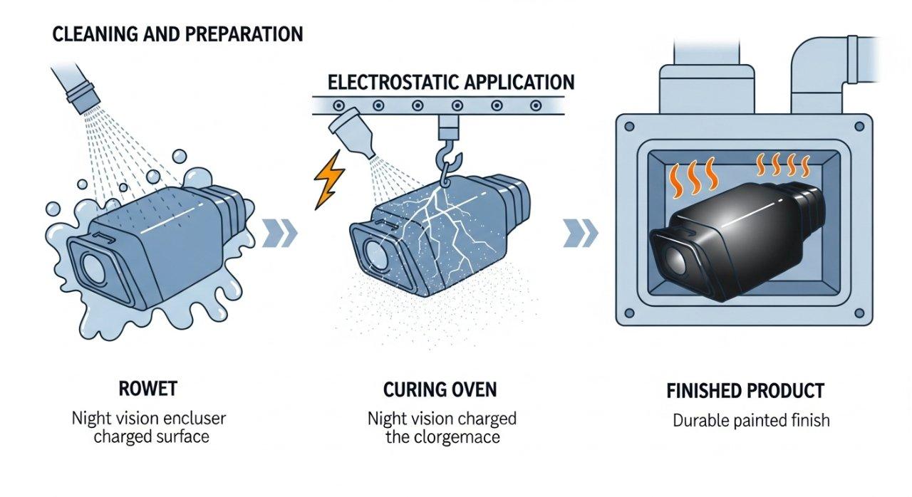 powder coating process, night vision enclosure, industrial finishing, manufacturing infographic, durable coating