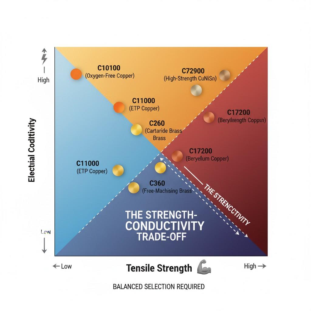 vector graphic illustrating a comparison chart or infographic detailing the trade offs between various copper alloy pro