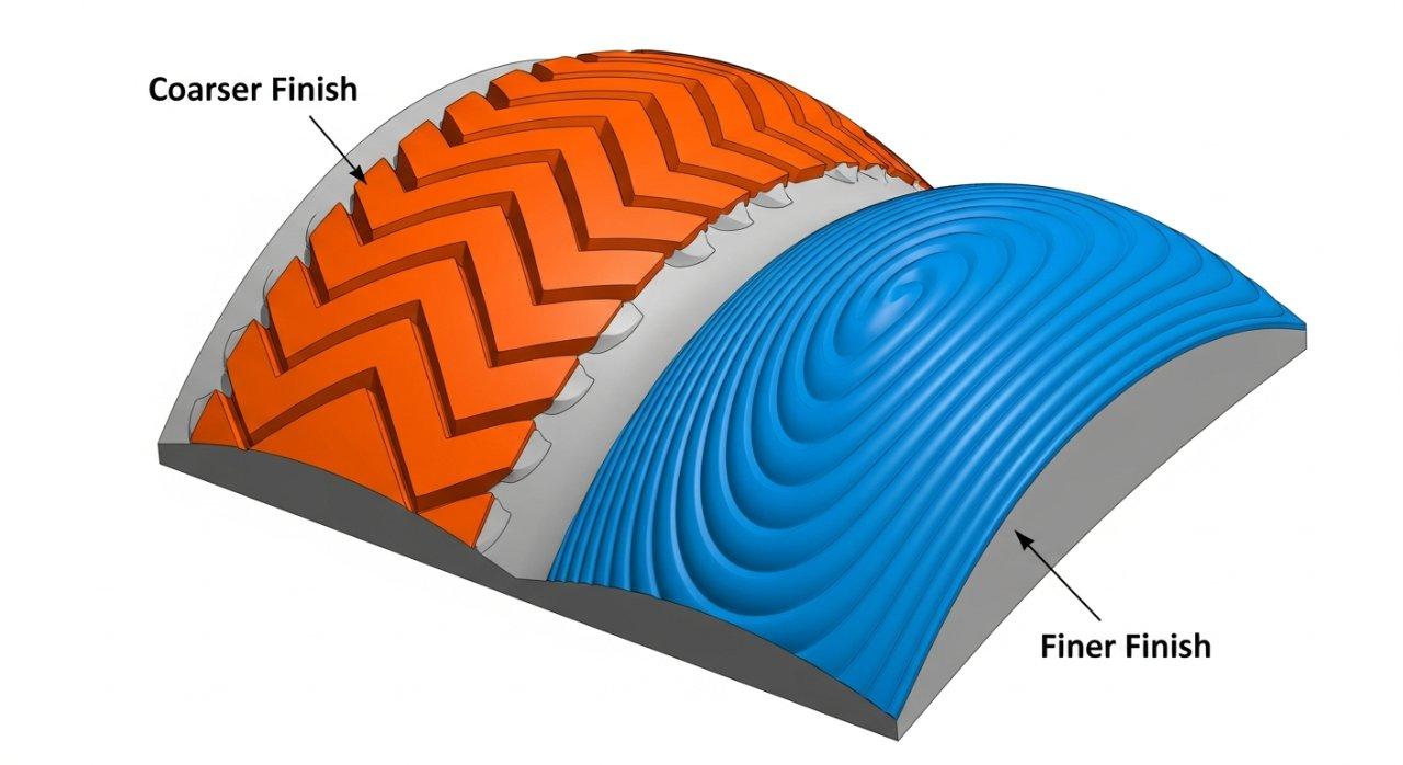 Graphique vectoriel 3D illustrant deux stratégies distinctes de trajectoire d'outil CNC pour la finition de surface. Une trajectoire, montrée en zigzag, entraîne des marques de scallops visibles indiquant une qualité de surface plus rugueuse. La seconde, contrastée, suit une spirale concentrique lisse, démontrant comment elle obtient une finition de surface beaucoup plus fine. Le graphique étiquette et différencie clairement les résultats attendus en termes de qualité de surface pour chaque stratégie en utilisant des couleurs distinctes pour plus de clarté.