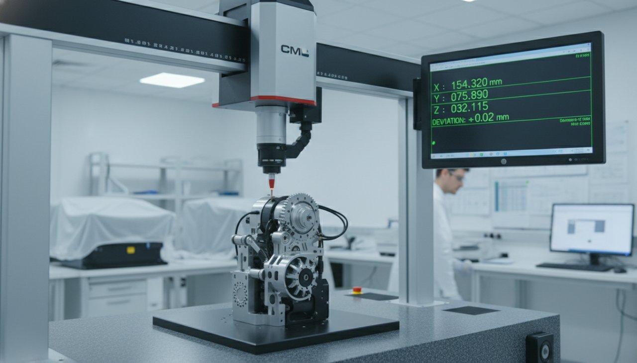 A CMM (Coordinate Measuring Machine) with its probe actively inspecting a precision robotic component in a clean, well-lit laboratory. A digital d