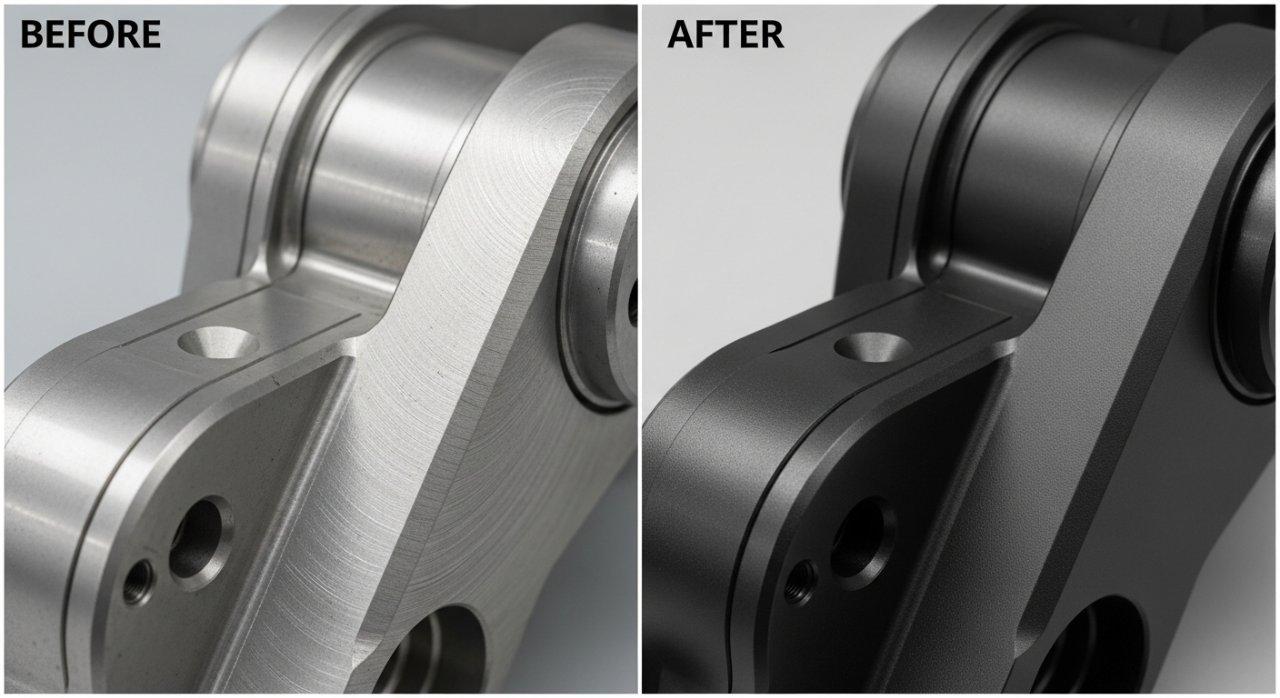 Eine "Vorher-Nachher"-Collage, die die Transformation eines bearbeiteten Aluminium-Roboterarms zeigt. Die linke Seite zeigt das rohe Aluminiumteil mit sichtbaren Werkzeugspuren, während die rechte Seite das identische Teil nach Harteloxierung zeigt, das jetzt glatt, einheitlich und dunkelgrau/schwarz erscheint und das verbesserte Finish, die erhöhte Haltbarkeit und Verschleißfestigkeit betont.