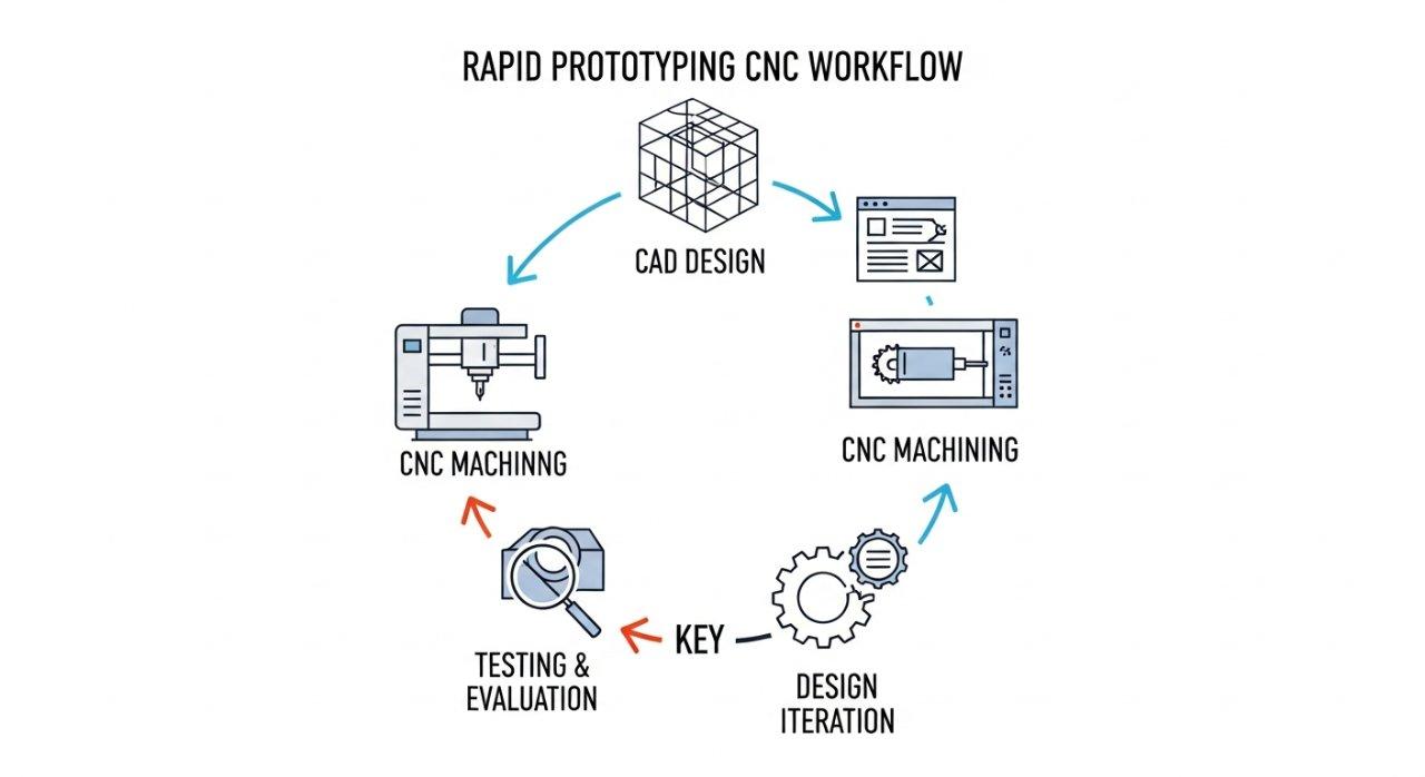 Un gráfico vectorial limpio y minimalista que ilustra un diagrama de flujo de prototipado rápido con CNC. Representa un proceso circular: Diseño CAD, Maquinado CNC, Pruebas y Evaluación, y Iteración de Diseño, enfatizando la velocidad y la mejora continua en el desarrollo de productos.