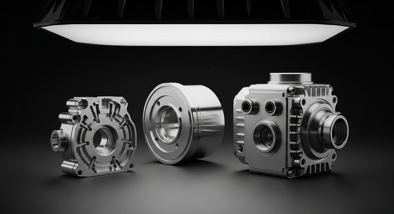 Une image propre et professionnelle montrant plusieurs pièces de haute précision usinées en CNC sur un fond noir, mettant en valeur leur finition de surface exceptionnelle et leurs détails complexes. Les composants présentés incluent une pièce médicale micro-usinée délicate, un composant aérospatial hautement poli, et un boîtier de capteur industriel robuste et complexe, illustrant collectivement les capacités avancées d'une usine de usinage CNC haut de gamme.