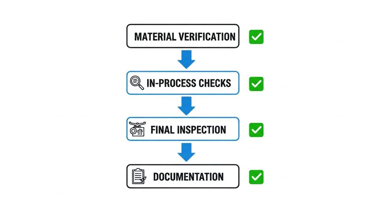 CNC drone parçaları için özel olarak tasarlanmış kalite kontrol kontrol listesi ve akış diyagramını açık, yakın çekim vektör grafiği ile gösteren net görsel.