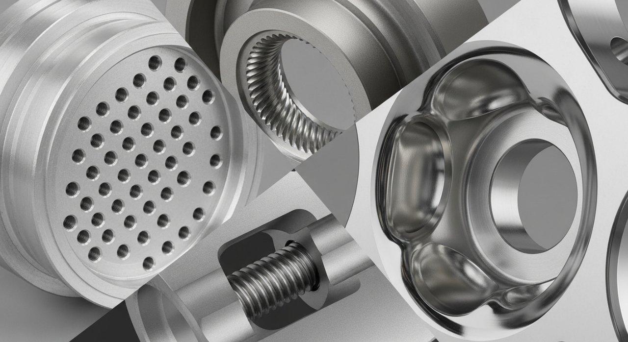 Eine Nahaufnahme-Collage, die mehrere unterschiedliche hochpräzise CNC-gefertigte Metallteile mit filigranen Details zeigt. Highlights umfassen mikroskopische Dri