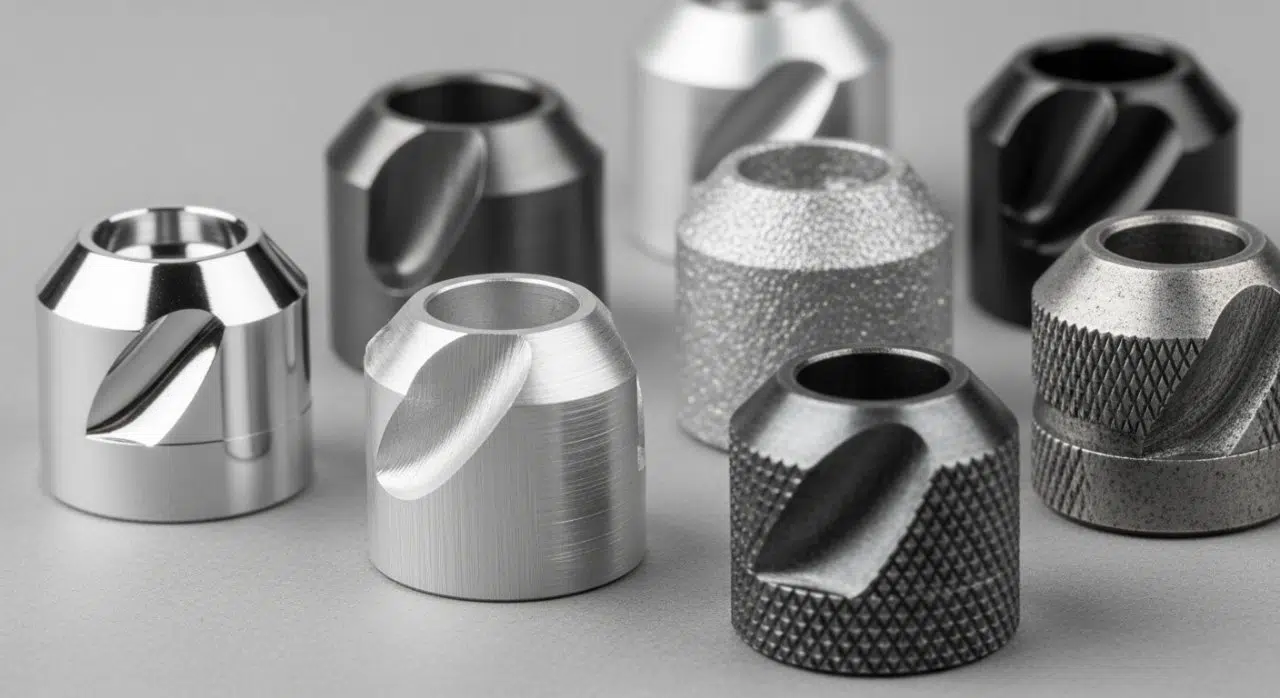 Küçük, karmaşık CNC ile işlenmiş metal parçalarından oluşan bir koleksiyonu sergileyen yakın, yüksek çözünürlüklü bir fotoğraf. Çeşitli ürün yelpazesi, yüksek cilalı, fırçalanmış saten ve mat kumlanmış dokular dahil olmak üzere çeşitli yüzey işlemlerini vurgulayarak hassas mühendisliği ve çok yönlü üretim yeteneklerini gösterir.