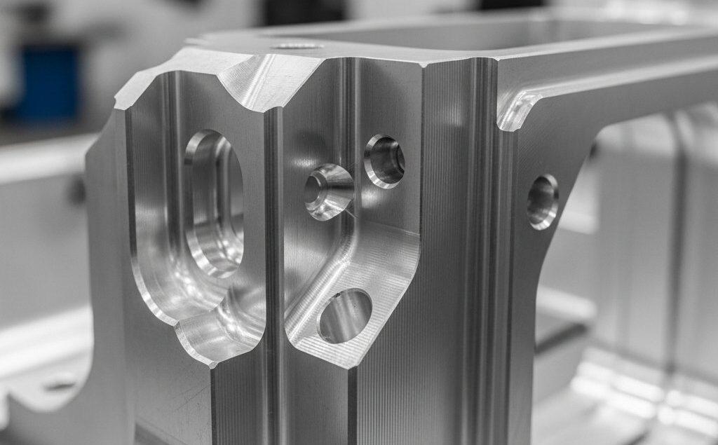 What is CNC Machining Aluminum? 1 A close-up, high-resolution shot of a perfectly CNC machined aluminum component, highlighting intricate details and a smooth, brushed surface fini